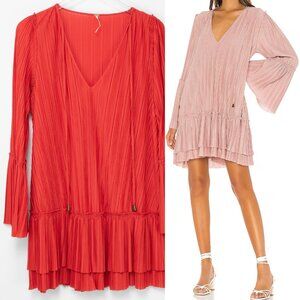 Free People Can't Help It Mini Dress Crinkle Texture Bell Sleeve Red Size Small